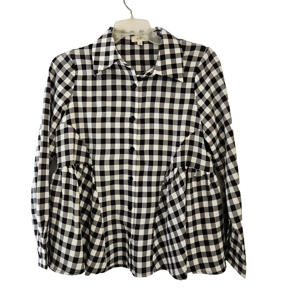 OTT Over the Top Womens 8 Black White Gingham Babydoll Button Down Shirt